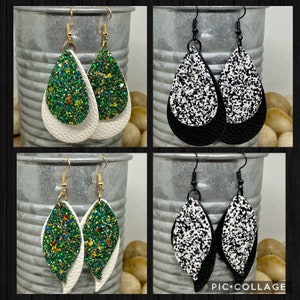 Glitter leather earrings, green glitter earrings, st patricks day earrings, black and white earrings, wavy leaf earrings, teardrop earrings