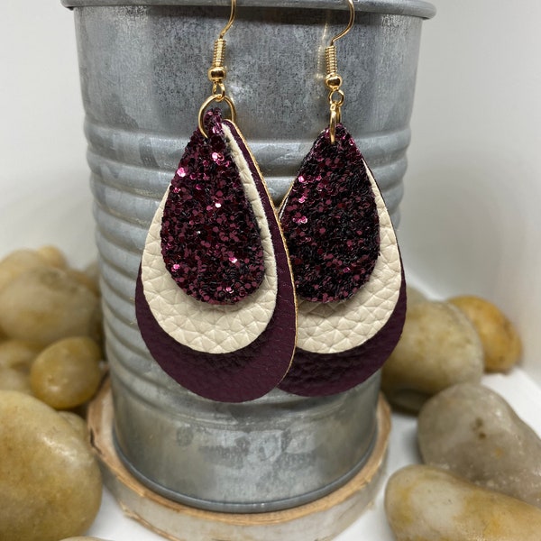 Leather teardrop earrings, burgundy earrings, maroon earrings, glitter earrings, layered earrings, wine earrings