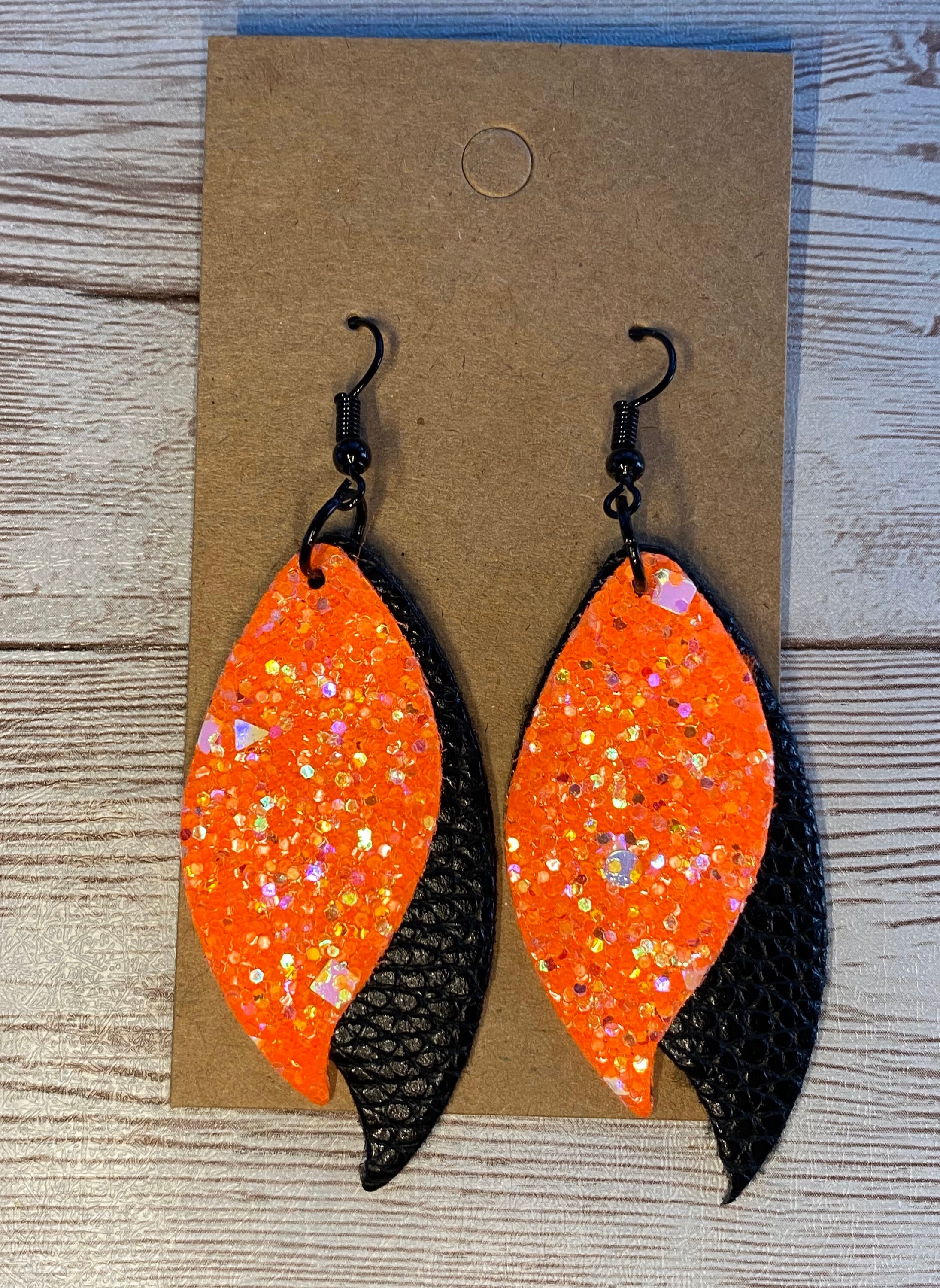 Neon Orange Leather Earrings Wavy Leaf Earrings Teardrop Etsy