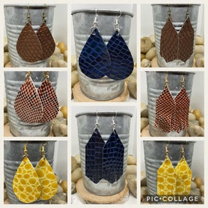 Leather earrings, fringe earrings, teardrop earrings, fish scale earrings, croc earrings, yellow earrings