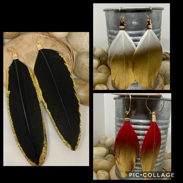 Pendientes de plumas, pendientes de plumas de brillo dorado, pendientes de plumas negras, pendientes de plumas sumergidas en oro, pendientes de plumas rojas