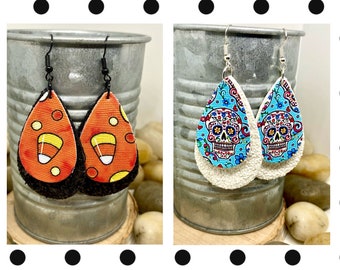 Halloween leather earrings, candy corn earrings, skull earrings, day of dead earrings, sugar skull earrings, fall earrings