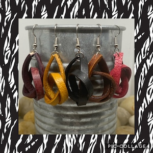 Knot earrings, knot leather earrings, fall earrings, mustard earrings, unique earrings, loop earrings, cognac earrings, burgundy earrings