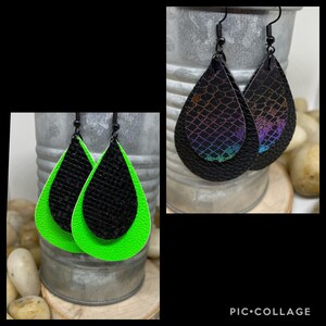Leather teardrop earrings, leather earrings, neon earrings, glitter earrings, fish scale earrings, neon green earrings, rainbow earrings