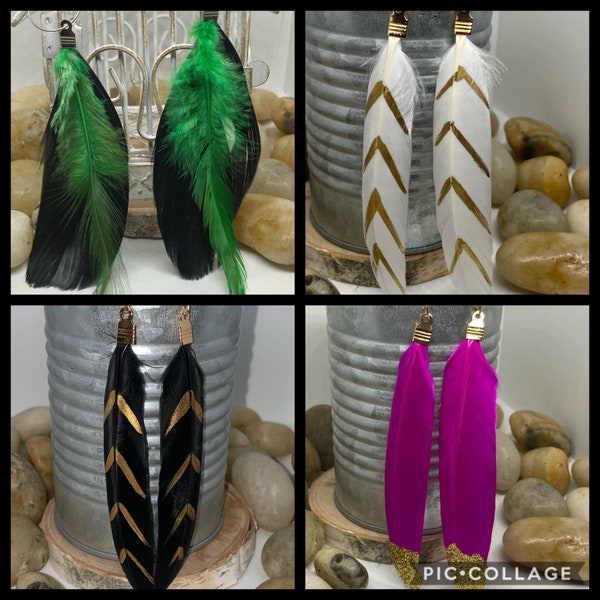 Pendientes de plumas, pendientes de plumas sumergidos en oro, pendientes de plumas verdes, joyas de plumas, pendientes de plumas negras, pendientes de plumas rosas