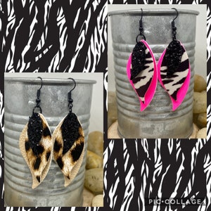 Wavy leaf leather earrings, leopard leather earrings, cheetah leather earrings, zebra leather earrings, neon pink earrings, glitter earrings