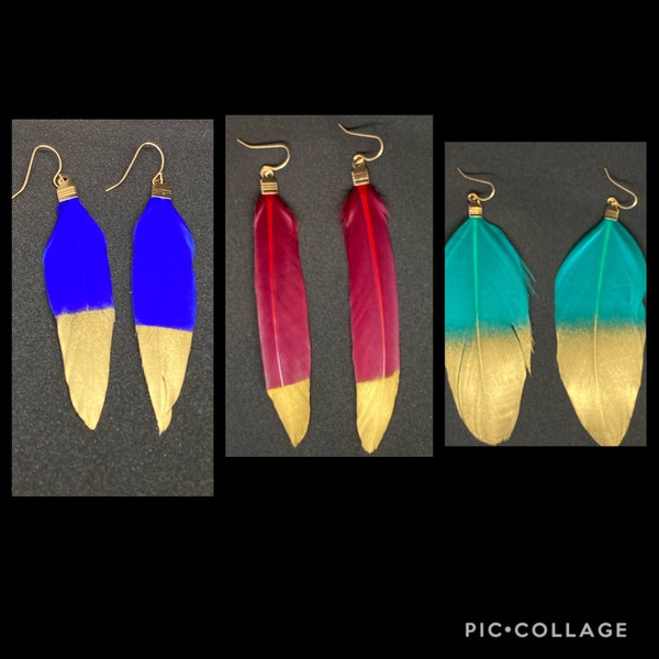 Pendientes de plumas, pendientes bañados en oro, pendientes azul real, pendientes turquesa, pendientes rojo vino, pendientes de plumas grandes, pendientes únicos