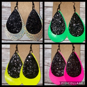Neon leather earrings, holographic earrings, hot pink earrings, leather earrings, neon yellow earrings, glitter earrings