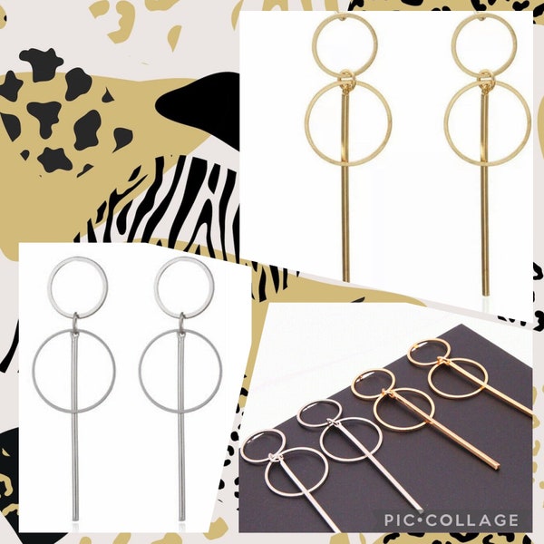 Gold geometric hoop earrings, gold drop earrings, gold bar earrings, linear hoop earrings, asymmetrical hoops, silver hoops