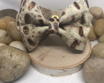 Leather cuff bow bracelet handmade bronze cream brown gold croc print embossed