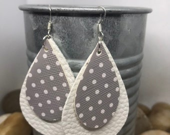 gray leather earrings, polka dot earrings, teardrop earrings, teardrop leather earrings, white earrings, gray and white