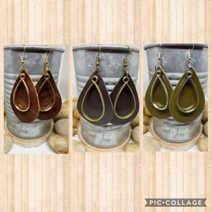 Teardrop leather earrings, large teardrop earrings with charm, olive earrings, plum earrings, cognac earrings, leather earrings, teardrop