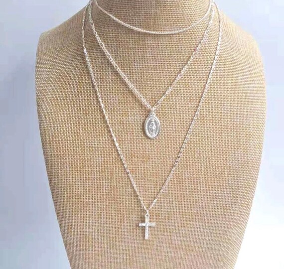 Cross Layered Necklace Layered Necklace Virgin Mary Necklace