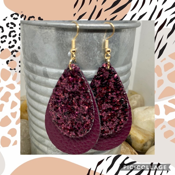 Plum leather earrings, teardrop earrings, leather earrings, wine earrings, burgundy earrings, glitter earrings, maroon earrings, layered