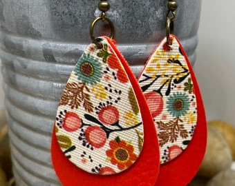 Leather teardrop earrings, floral leather earrings, double layer earrings, teardrop earrings, red earrings