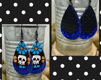 Glitter skull halloween leather earrings, day of the dead earrings, sugar skull earrings, royal blue earrings, Halloween jewelry