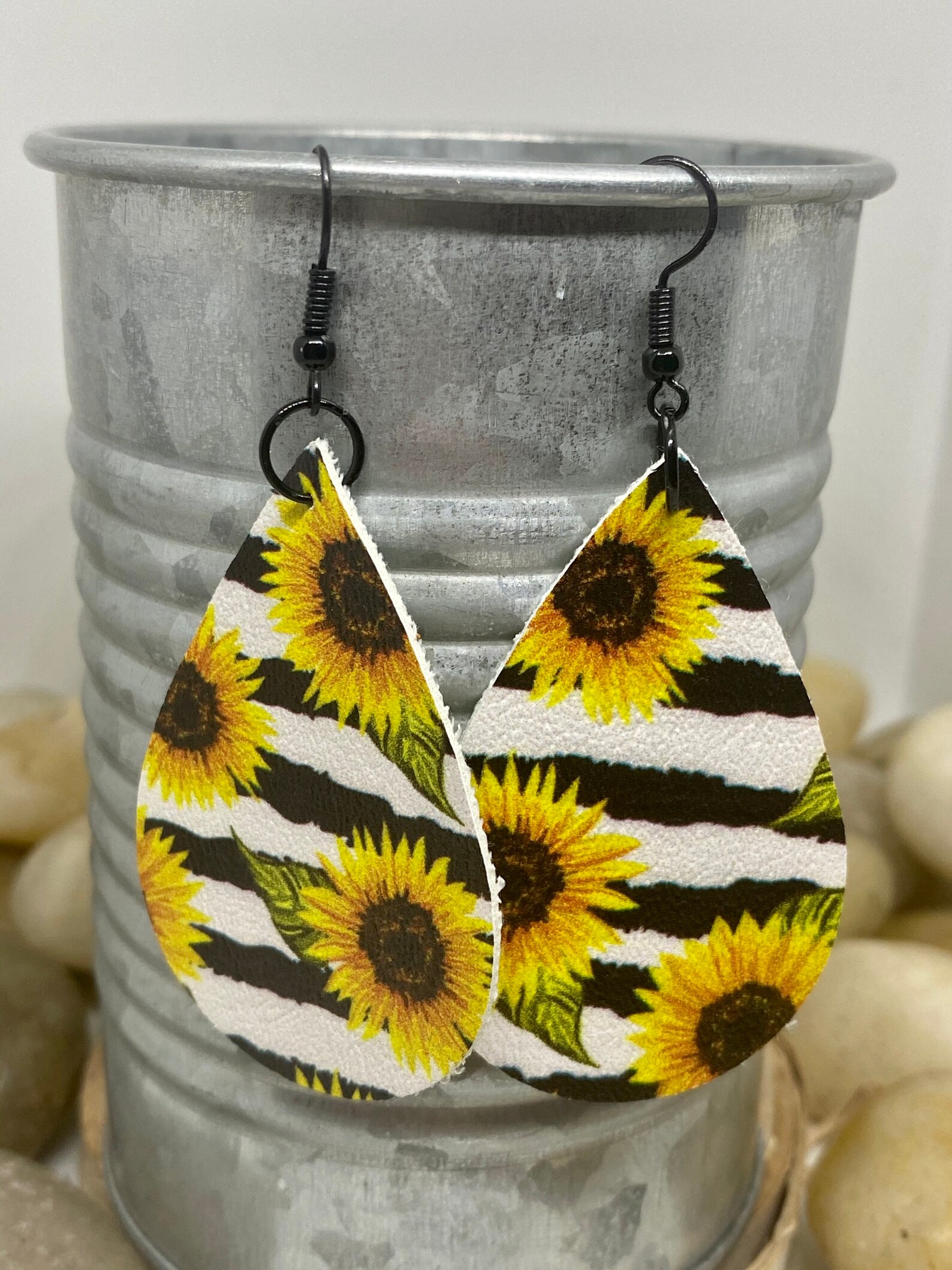 Sunflower Leather Earrings Floral Leather Earrings Striped Etsy