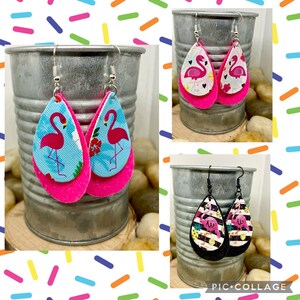 Flamingo earrings, leather earrings, stripe earrings, flamingo jewelry, flamingo gifts, summer earrings, stripe earrings