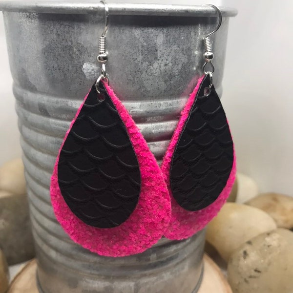 double layer leather teardrop earrings hot pink black glitter embossed