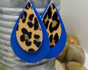Leopard earrings, royal blue earrings, blue leopard, cheetah earrings, leopard leather earrings, cheetah leather earrings, teardrop earrings