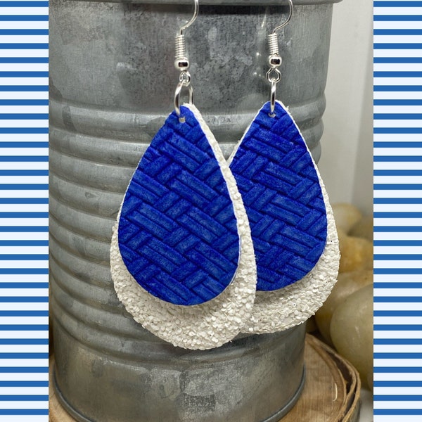 Royal blue earrings, leather earrings, teardrop earrings, faux leather earrings, basket weave earrings, matte earring
