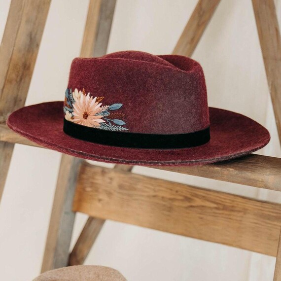 Buy Hand Embroidered Burgundy Felt Hat – Floral Detail, Boho  display picture 3