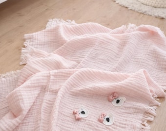 Pink Muslin Baby Blanket, Handmade Crochet Bear Appliqué, 100% Cotton 4 Layer Gauze Blanket, Baby Girl Gift, Newborn Blanket 35x43 inches