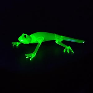 Könnte beinhalten: Eine neongrüne Glas-Echsenfigur mit langem Schwanz und vier Beinen. Die Eidechse ist auf einer dunklen Oberfläche positioniert, wobei ihr Körper und ihre Gliedmaßen deutlich zu sehen sind. Die Figur hat eine glatte, reflektierende Oberfläche.