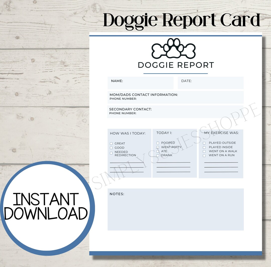 Dog Report Card Printable, Doggy Daycare, Pet Health Record, New Puppy ...