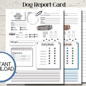 Hondenrapportagekaart afdrukbaar, digitale rapportkaart, rapportkaart voor huisdierresort, hondenopvang, opnameverslag puppy, hondenuitlater, aantekeningen dierenkuuroord