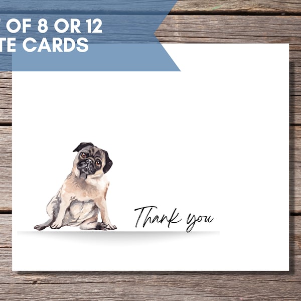 Pug Thank You Cards Dog Stationery with Pug Dog  Pug Gift For Pug Lover, Blank Note Cards, Dog Lover Gift, Pug Stationery for Dog Owner
