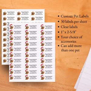 May include: A sheet of 30 clear labels featuring a golden retriever wearing a Santa hat. The labels are 1 inch by 2 and 5/8 inches and are customizable with pet names and accessories.