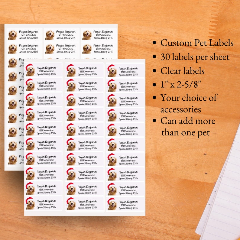 May include: A sheet of 30 clear labels featuring a golden retriever wearing a Santa hat. The labels are 1 inch by 2 and 5/8 inches and are customizable with pet names and accessories.