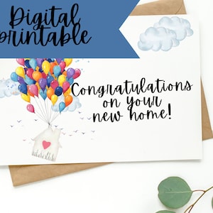Carte imprimable de pendaison de crémaillère de félicitations, cadeau de nouvelle maison, célébration du 1er propriétaire de maison, bienvenue à la maison, carte DIY de dernière minute d'un invité