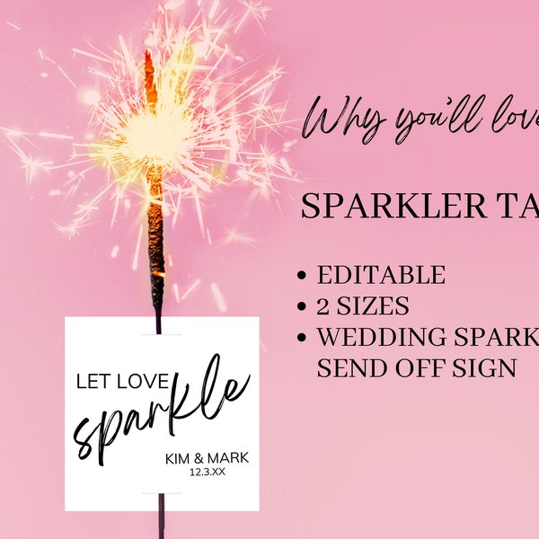 Wedding Sparkler Tag Printable, Let Love Sparkle, Sparkler Send Off Sign, Wedding Favor Sparkler Tag, Personalized Editable Wedding Keepsake