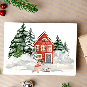 Biglietto di Natale stampabile, scena invernale con cane, biglietto di auguri per le feste, biglietto di auguri di Buon Natale, acquerello di animali, fai da te, stampa 5x7 a casa