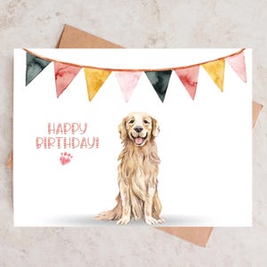 Cartão de aniversário para impressão com Golden Retriever, cartão de feliz aniversário de cachorro, cartão para download instantâneo para amantes de cachorro, impressão DIY em casa 5 x 7