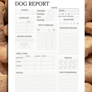 Afdrukbaar huisdierrapport hondenrapport, formulier voor hondenpension, informatieblad hondenopvang, hondenlogboek, hondendagboek, formulier puppyverslag voor huisdieroppas