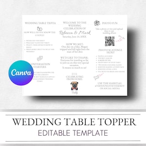 Puede incluir: Una plantilla blanca para la parte superior de la mesa de boda con texto negro. El diseño incluye preguntas de trivia, una búsqueda del tesoro fotográfica y una sección para fotos. El logotipo de Canva es visible. La plantilla es para la boda de Rebecca & Mark.