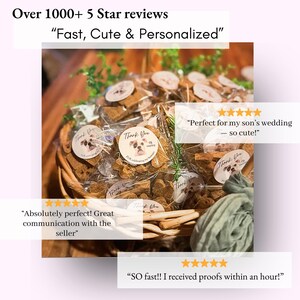 May include: A wicker basket filled with individually wrapped brown dog treats. Each clear plastic bag features a round white sticker with a dog illustration and the text Thank You. Text overlays include Over 1000+ 5 Star reviews.