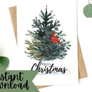 Printable Christmas Card with Cardinal Bird, Cardinal Gift, Greeting Card, Last Minute Holiday Card, Merry Christmas Card, Christmas Card