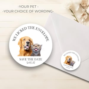May include: White round sticker with a golden retriever and a gray tabby cat. The text "WE LICKED THE ENVELOPE" arches around the top, with "SAVE THE DATE 5.07.27" below. A smaller sticker is on a white envelope.