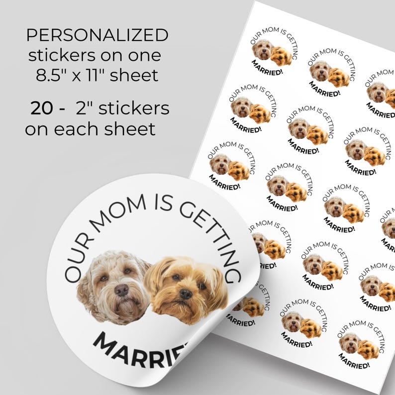 Bachelorette Party Favor Sticker, My Mom Is Getting Married, Dog Owner Label, Pet Photo Gift, Welcome Bag, Day Of Custom Coffee Cup Sticker two inch round stickers with your pet and your choice of wording