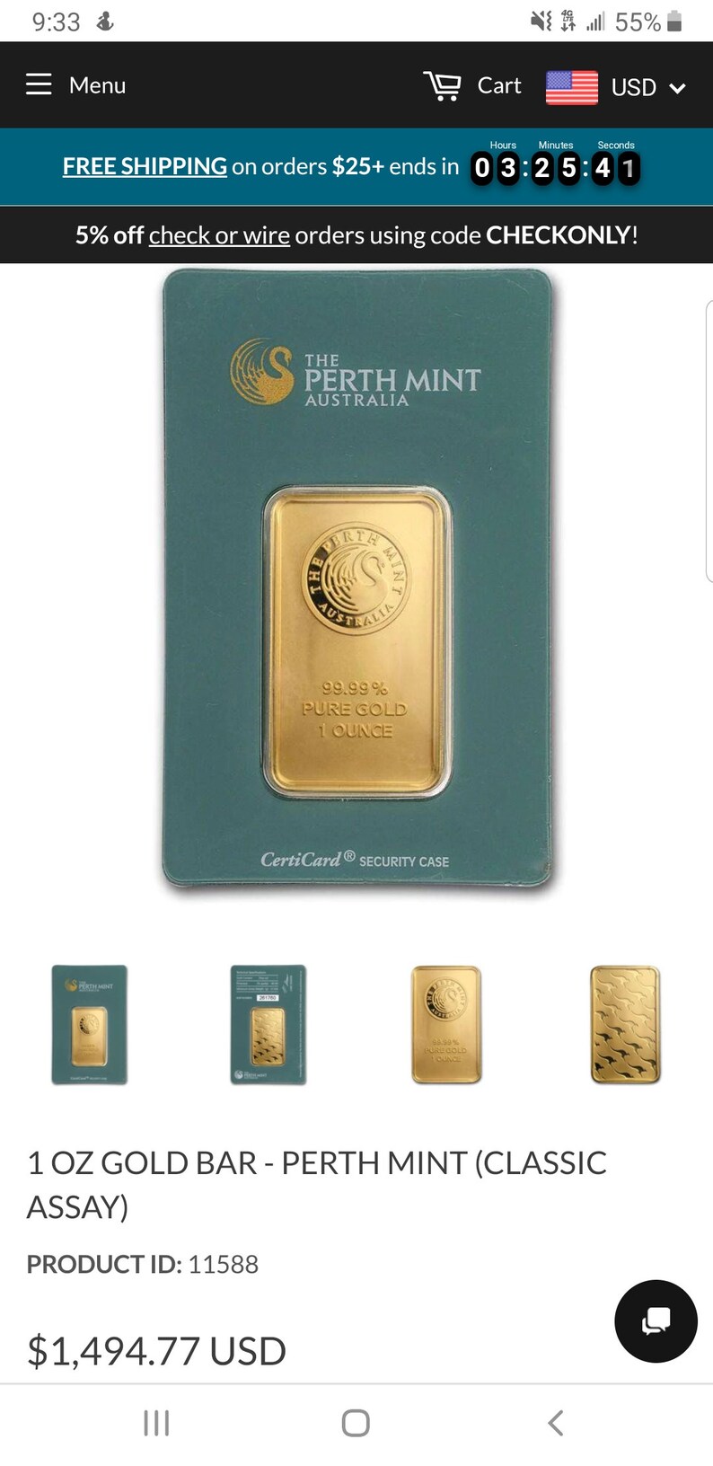 Perth Mint 1 oz .9999 Gold Bar New Sealed With Assay Certificate 24 Karat