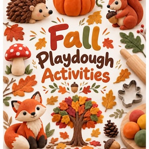 May include: A collection of clay figures including a hedgehog, pumpkin, squirrel, mushroom, fox, and tree, surrounded by autumn leaves, acorns, a rolling pin, and a metal leaf cookie cutter. The text reads Fall Playdough Activities and Little Learning Lane.