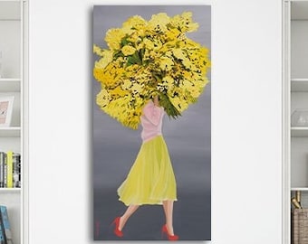 Woman art canvas print, Woman with yellow flower head print, Colorful Pop Art, Ready to hang, Painting by Dalit Marom