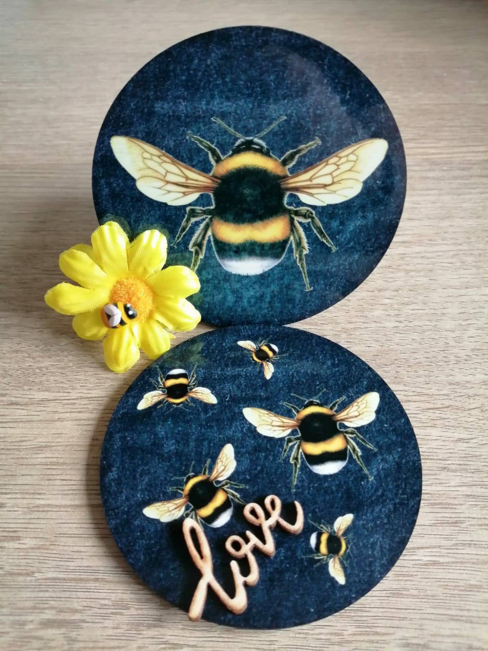 Set of 4 bee coasters. Round bees gift tea coffee drinks. Etsy