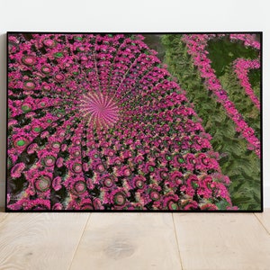 Op de afbeelding: Een digitale kunstprint met een draaiend patroon van roze en groene cirkels, wat een hypnotisch effect creëert.