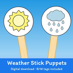 May include: Two weather stick puppets. One features a yellow sun with a black outline, the other a blue cloud with raindrops. Both are on wooden sticks. The text "Weather Stick Puppets" is at the bottom.