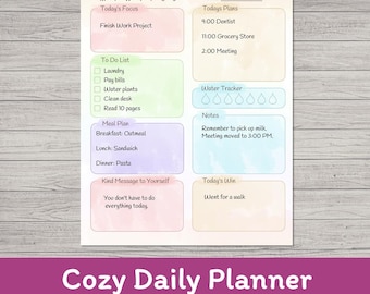 Cozy Watercolor Daily Planner Printable PDF | Editable | Self Care | Instant Download